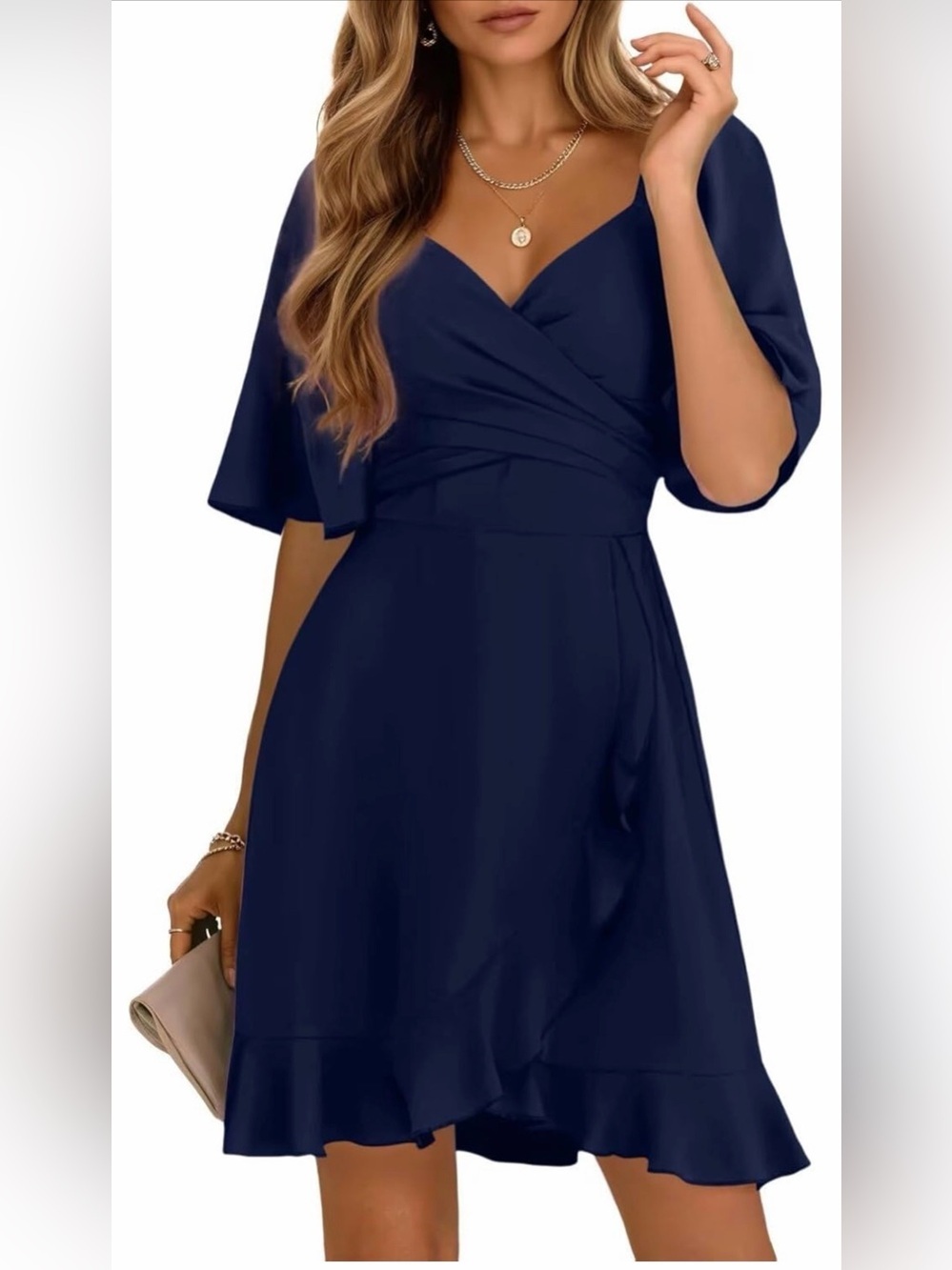 NWT Chic Navy Wrap Midi Dress with V-Neck and Flutter Sleeves Tie back, Medium